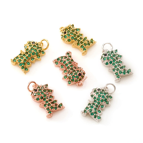 Brass Micro Pave Cubic Zirconia Charms, with Jump Rings, Dinosaur, Green