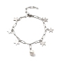 CCB Pearl & 304 Stainless Steel Charm Bracelet with Paperclip Chains for Women, Stainless Steel Color