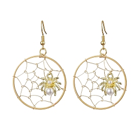 Copper Wire Wrapped Spider Web & Spider Dangle Earrings, 304 Stainless Steel Earrings for Women