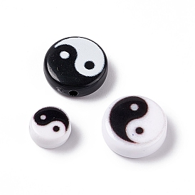 Perles acryliques opaques, plat rond avec motif yin yang