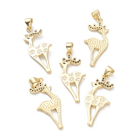 Brass Micro Pave Cubic Zirconia Pendants, Long-Lasting Plated, Real 18K Gold Plated, Sika Deer