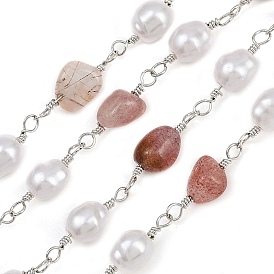 Латунные самородки звенья цепи, с натуральным клубничным кварцем и жемчужиной из АБС-пластика, долговечный, стойки покрытие, без свинца и без кадмия, несварные, ручной работы из бисера цепи