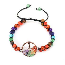 Natural & Synthetic Mixed Stone Tree of Life Link Bracelet, Chakra Yoga Theme Jewelry for Women