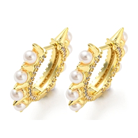 Rack Plating Brass Spike Hoop Earrings with Plastic Pearl with Cubic Zirconia, Lead Free & Cadmium Free