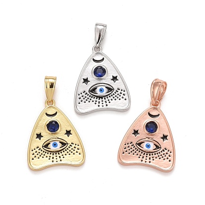 Brass Cubic Zirconia Pendants, with Enamel, Lead Free & Cadmium Free, Talking Board Planchette Charm with All Seeing Eye
