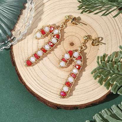 Glass Dangle Earrings, 304 Stainless Steel Stud Earrings for Women, Candy Cane