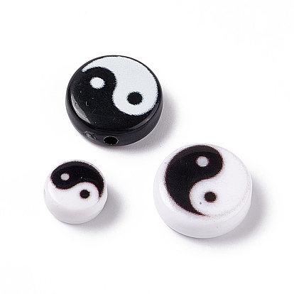 Opaque Acrylic Beads, Flat Round with Yin Yang Pattern