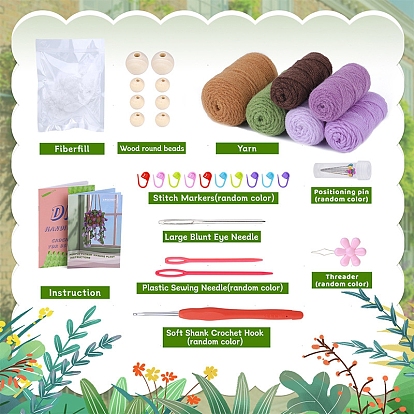 Purple Flower Crochet Kits, including 6Pcs Yarns, 1Pc Crochet Needle, 8Pcs Wood Beads, 3Pcs Eye Needle, 10Pcs Stitch Marker and 1Pc Threader