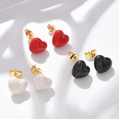 Латунь серьги, с эмалью, стойки покрытие, долговечный, без свинца и без кадмия, сердце, реальный 18 k позолоченный