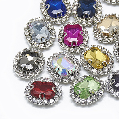 Sew on Rhinestone, Multi-strand Links, Glass Rhinestone, with Platinum Tone Brass Prong Settings, Garments Accessories, Oval
