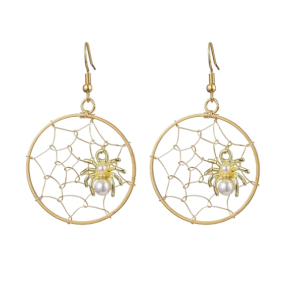 Copper Wire Wrapped Spider Web & Spider Dangle Earrings, 304 Stainless Steel Earrings for Women