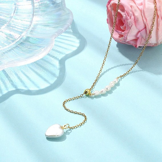 Регулируемый кулон в форме сердца из натурального барочного жемчуга кеши 304 цепочка из нержавеющей стали в форме буквы Y, колье-лариата для женщин, белые