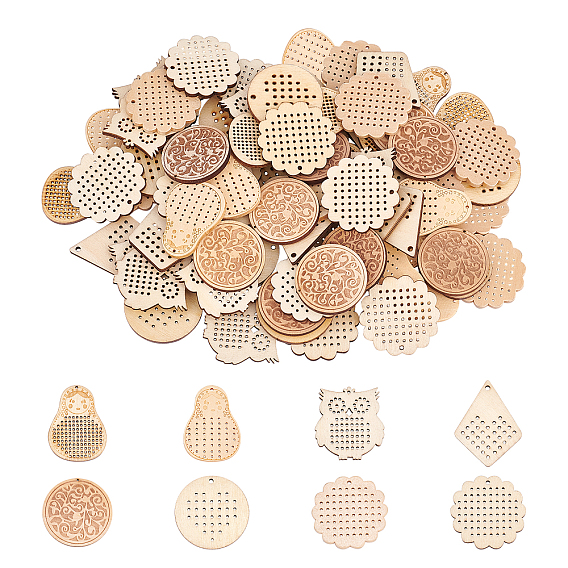 80Pcs 8 Style Doll Wooden Pendants, Mixed Shapes