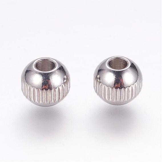 201 Stainless Steel Beads, Round with Vertical Stripes