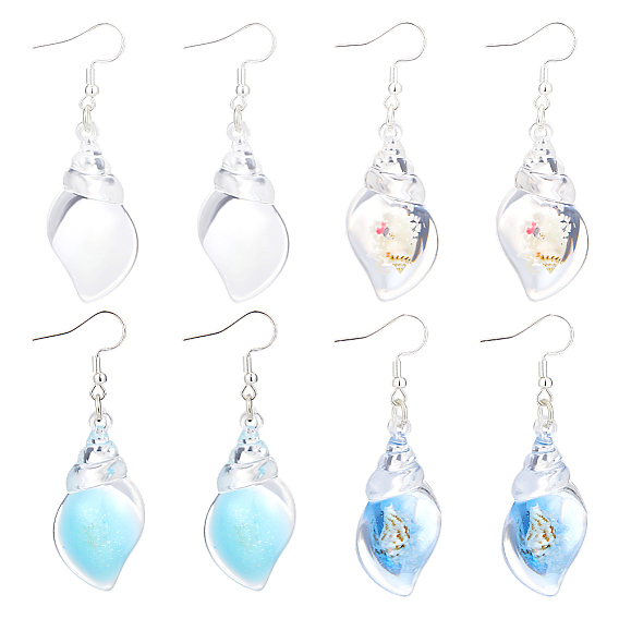 4 пары 4 стили серьги-подвески из прозрачной светящейся смолы и акрила в форме раковины, с 304 фурнитурой из нержавеющей стали