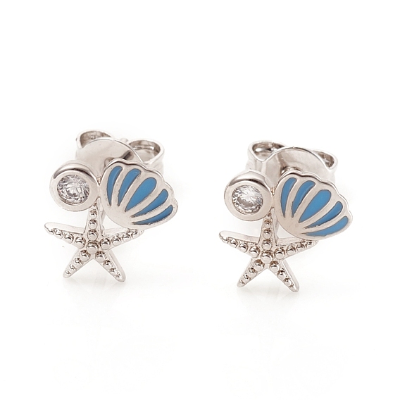 Brass Micro Pave Clear Cubic Zirconia Ear Studs, with Enamel, Ear Nuts and 925 Sterling Silver Pins, Shell Shape with Starfish