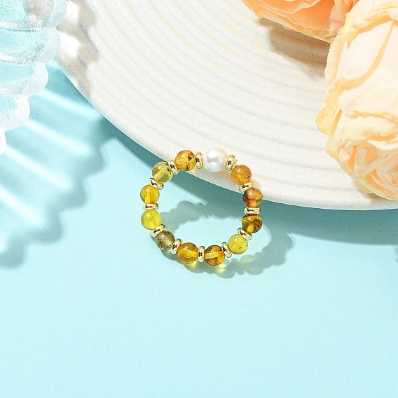 Adjustable Natural Amber Finger Rings, Stretch Rings, with Shell Pearl Beads and Rack Plating Brass Spacer Beads