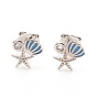 Brass Micro Pave Clear Cubic Zirconia Ear Studs, with Enamel, Ear Nuts and 925 Sterling Silver Pins, Shell Shape with Starfish