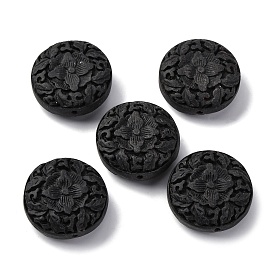 Киноварь бисера, резные лакированные, плоские круглые с цветком