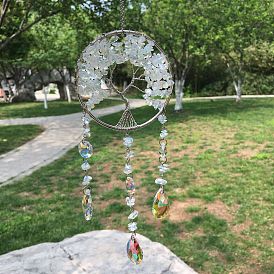 Metal Wire Wrapped Gemstone Chips Flat Round with Tree of Life Pendant Decorations. Hanging Suncatchers, with Glass Teardrop Charm