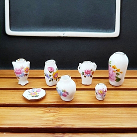 Керамические вазы миниатюрные украшения, аксессуары для кукольного домика в микроландшафтном саду, притворяясь опорными украшениями, с блюдцем, цветочным узором