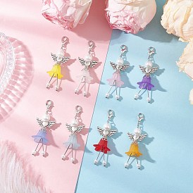 8 шт. 8 цвета матовый акрил и стеклянный жемчуг цветок ангел подвеска украшения, с крыльями из сплава и застежками-клешнями, старинное серебро и платина