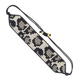 Glass Seed Braided Bead Bracelet, Wide Band with Leopard Print Friendship Bracelet for Women