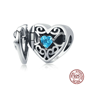 925 Sterling Silver European Beads, with Cubic Zirconia, Large Hole Beads, Heart