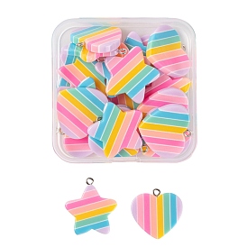 20Pcs 2 Style Rainbow Resin Pendants, Star & Heart, with Platinum Plated Iron Peg Bails
