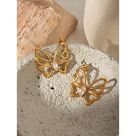 304 Pendientes de botón de acero inoxidable con circonitas cúbicas transparentes para mujer, mariposa
