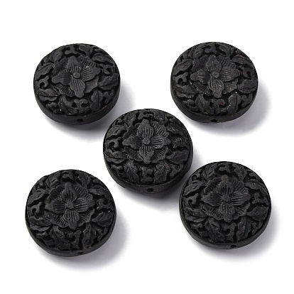 Киноварь бисера, резные лакированные, плоские круглые с цветком