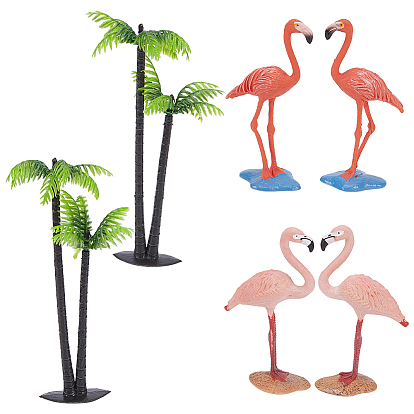 4шт. 2 цветные пластиковые фигурки фламинго, набор фигурок, для украшения рабочего стола домашнего офиса, с 2 шт. миниатюрными декоративными элементами в виде кокосовых пальм