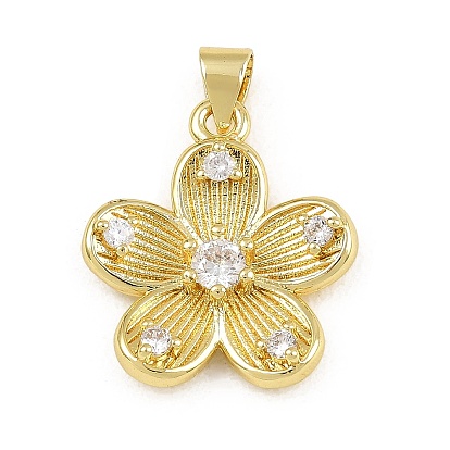 Brass Micro Pave Clear Cubic Zirconia Pendants, Rack Plating, Long-Lasting Plated, Cadmium Free & Lead Free, Flower Charms