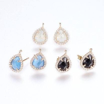 Brass Micro Pave Cubic Zirconia Stud Earring Findings, with Loop, Glass, Teardrop, Mixed Style, Golden
