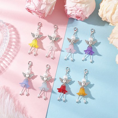 8 шт. 8 цвета матовый акрил и стеклянный жемчуг цветок ангел подвеска украшения, с крыльями из сплава и застежками-клешнями, старинное серебро и платина