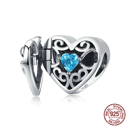 925 Sterling Silver European Beads, with Cubic Zirconia, Large Hole Beads, Heart