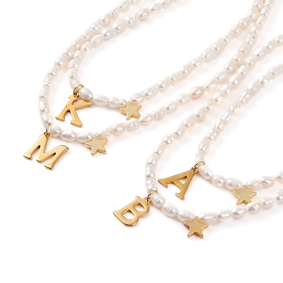 304 Stainless Steel Initial Pendant Necklaces, with Rice Natural Pearl Beads and Brass Star Charms, Letter, White, Golden