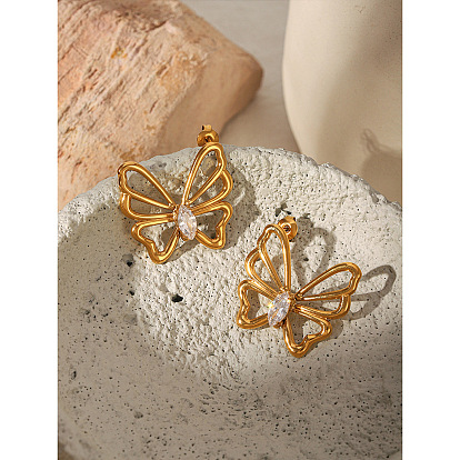 304 Pendientes de botón de acero inoxidable con circonitas cúbicas transparentes para mujer, mariposa