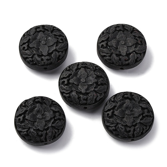 Киноварь бисера, резные лакированные, плоские круглые с цветком