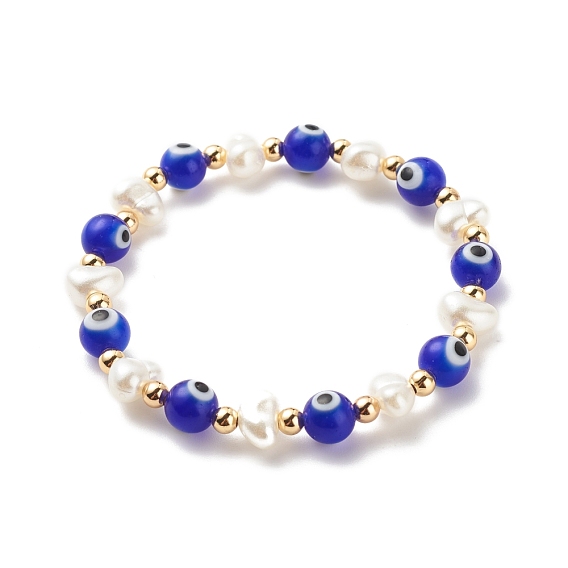 Lampwork Evil Eye & Plastic Pearl & Brass Stretch Bracelet for Women