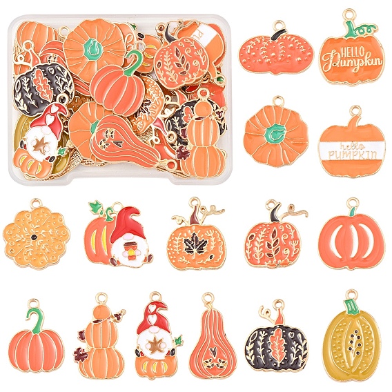 30Pcs 15 Styles Thanksgiving Day Golden Tone Alloy Enamel Pendants, Pumpkin