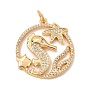 Brass Micro Pave Clear Cubic Zirconia Pendants, Round with Seahorse & Starfish Charms, Cadmium Free & Lead Free & Nickel Free