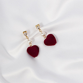 Vintage Velvet Wine Red Heart Pearl Earrings with Geometric Diamond Clip-on, Chic Long Style