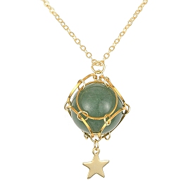 Brass Braided Macrame Pouch Star Pendant Necklace, Natural Green Aventurine Beads Necklace