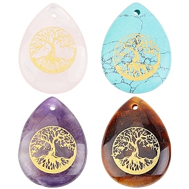4Pcs 4 Style Natural & Synthetic Gemstone Pendants, Teardrop with Tree of Life Pattern