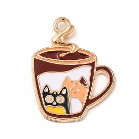 Alloy Enamel Pendant, Light Gold, Cup with Cat Charm