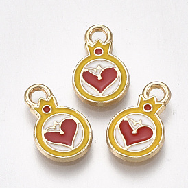 Alloy Charms, Cadmium Free & Lead Free, with Enamel, Flat Round with Heart, Light Gold