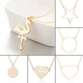 Retro Geometric Stainless Steel Pendant Necklace with Simple Star and Heart Design, Ostrich Feather Sweater Chain for Women