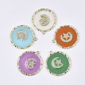 Epoxy Resin Pendants, with Crystal Rhinestone and Light Gold Plated Alloy Open Back Bezel, Flat Round with Star and Moon