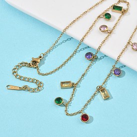 304 Подвеска-колье из нержавеющей стали с цветными кубическими циркониями, плоская, круглая, прямоугольная., ионное покрытие (ip)